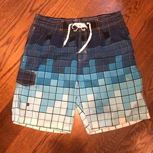 TAILOR PAL LOVE Mens Blue & White Cubist Mesh Lined Board Shorts Sz Large NWOT